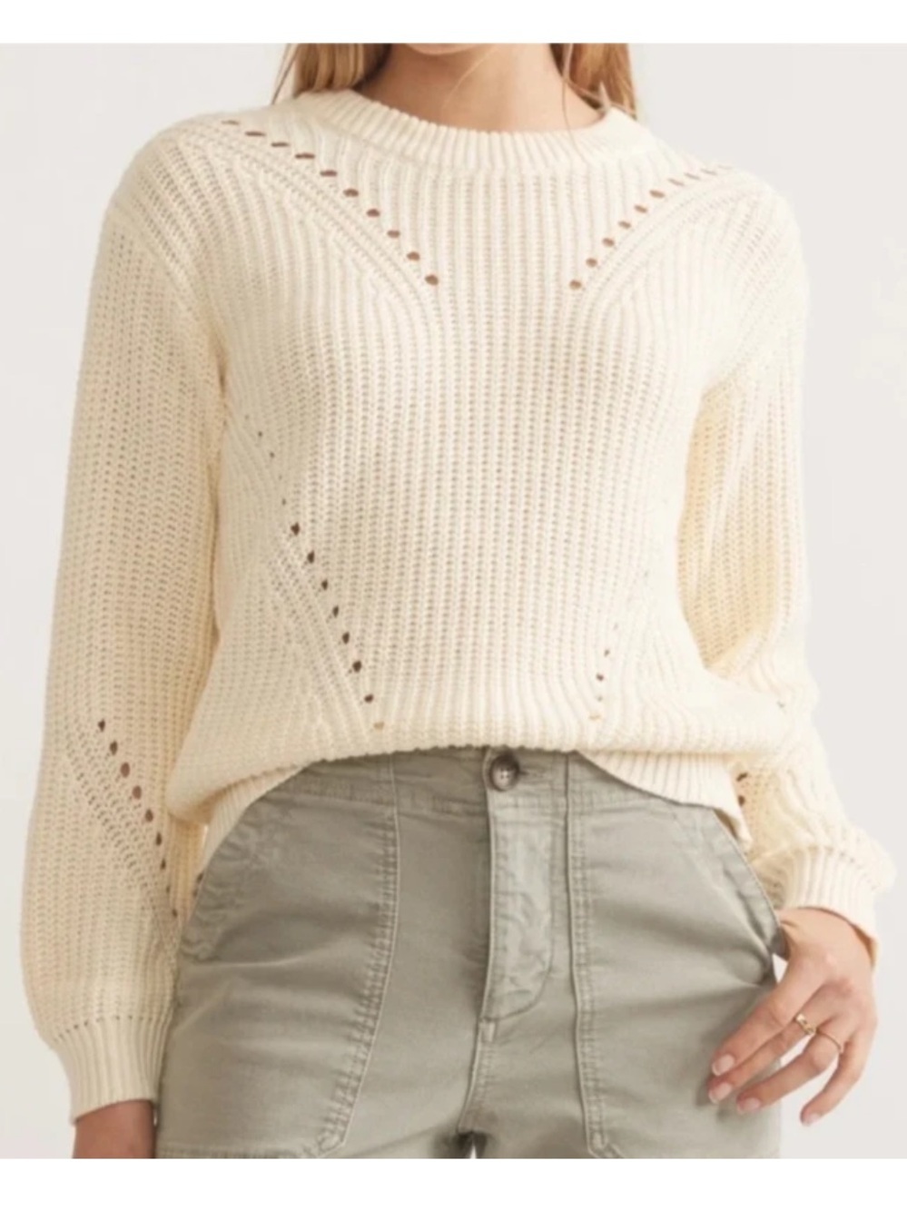 Marine Layer Sz XS 100% Cotton Ramona Crewneck Pointelle Ribbed Sweater Ivory